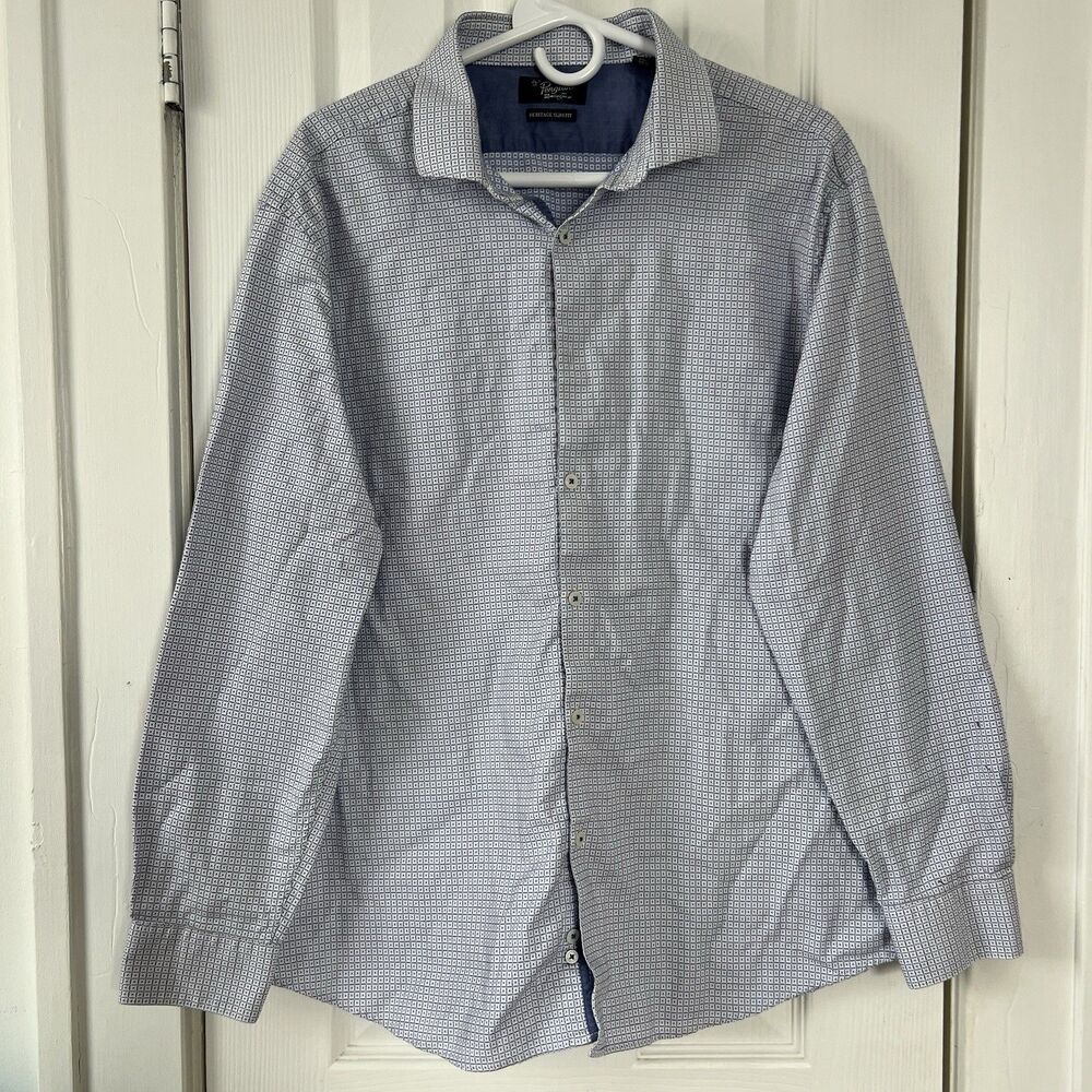 Original Penguin Shirt Mens 17.5 Heritage Slim Fit Blue Geometric Button Up